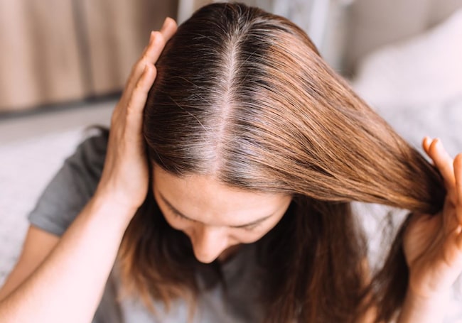 Brünette Frau, deren graue Haare sich oben am Kopf am Haaransatz zuerst zeigen