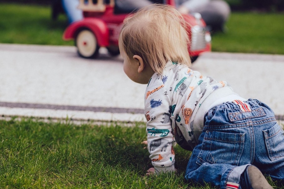 Baby, krabbeln, Wiese, Spielzeug