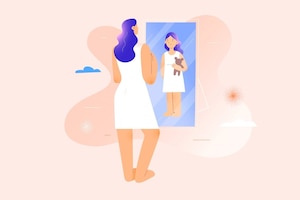 Illustration einer Frau vorm Spiegel, die sich und ihr inneres Kind als Spiegelbild sieht