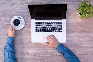 Hände, Laptop, Kaffee, Tisch,. Basilikum