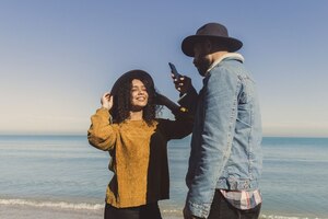 Frau, Mann, Meer, Handy, Foto