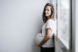 Frau, Schwangerschaft, Babybauch, stehend, Fenster