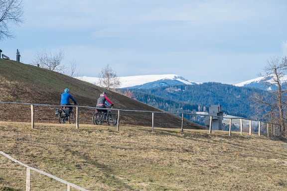Biker beim Winterradeln in der Südsteiermark mit schneebedeckten Gipfeln im Hintergrund.