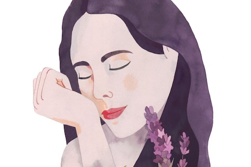 Illustration von Frau schnuppert an Handgelenk, Lavendelblüten