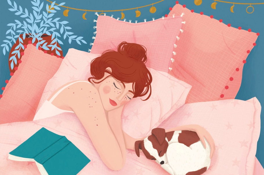 Illustration schlafende Frau und Hund im Bett aus carpe diem_magazin Ausgabe 4/20