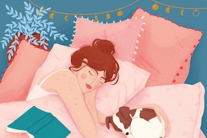 Illustration schlafende Frau und Hund im Bett aus carpe diem_magazin Ausgabe 4/20