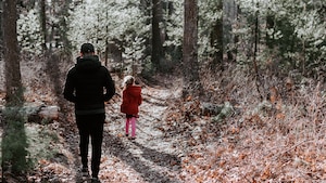 Mann und Kind spazieren in herbstlichem Wald