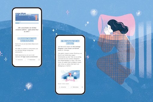 Illustration einer schlafenden Frau und Mockups mit Screenshots