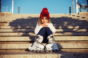 Kind, Rollerskates, draußen, Mütze