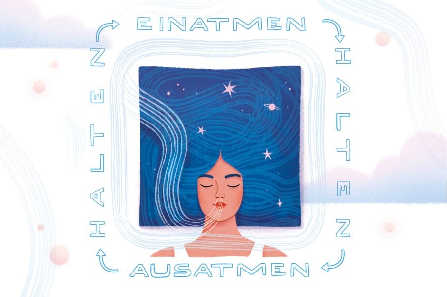 Illustration für Atemübung mit Frau und den Worten Einatmen, Ausatmen, Halten.