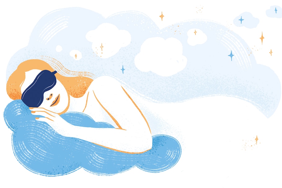 Illustration einer schlafenden Frau mit rot-blondem Haar. Sie trägt eine Augenmaske und liegt auf einer Wolke. Im Hintergrund sind weitere Wölkchen und Sterne.