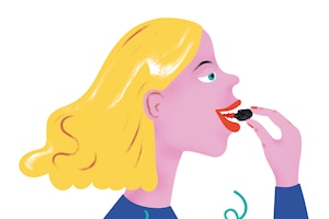 Illustration, essende Frau, baules Shirt, rote Lippen, blondes mittellanges Haar
