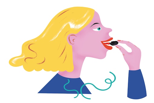 Illustration, essende Frau, baules Shirt, rote Lippen, blondes mittellanges Haar